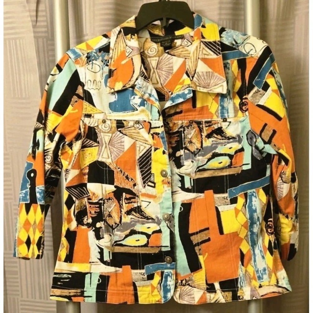 Mirror Image‎ Womens Abstract Geometric Print Button Up Jacket Multi Color Small